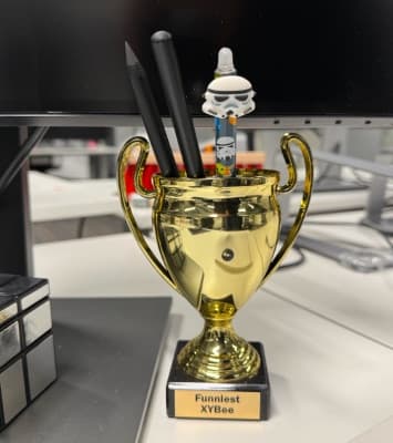 The Funniest XYBee trophy on a desk in the XYB office