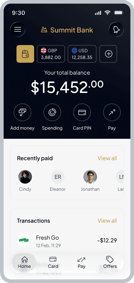 Adaptive Digital Banking mobile app — screen 1