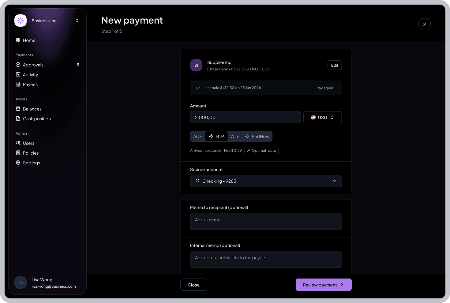Commercial Treasury Solution dashboard — view 2